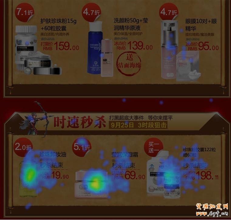 底部秒殺區塊點擊不錯，但并不給底部的產品帶來點擊，可以看到靠近區域的產品產生的點擊非常低。